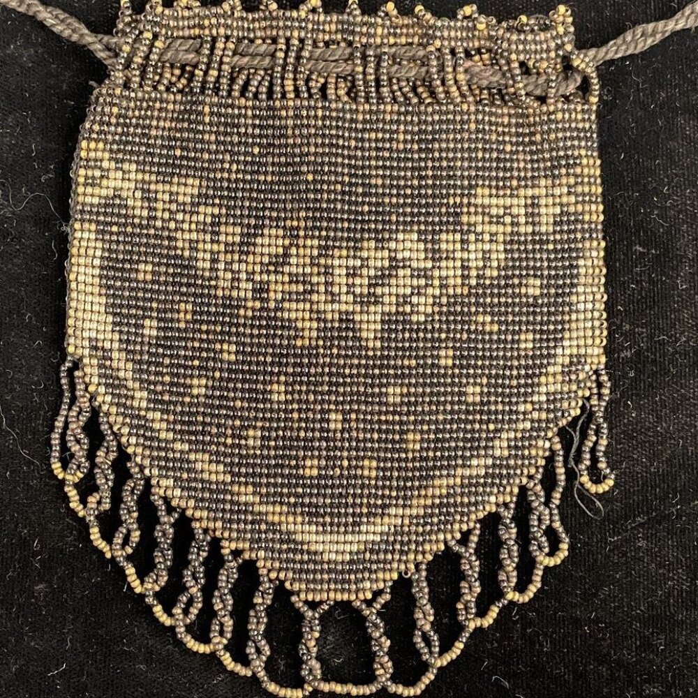 Antique Beaded Drawstring Pouch – Black & Gold, Fringe Tassels, Art Deco Style - Picture 5 of 10